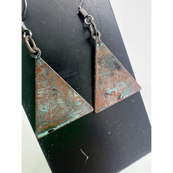 Handmade Jewelry - Handmade Earrings Rustic Metal Triangle Steampunk Brown Teal Dangle New